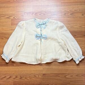 Vintage Stella Fagin Bed Jacket Womens L Cream Blue Ribbon Boudoir Knit Bow